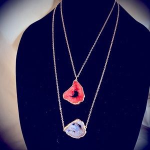 Double Geode Druzy Pendant Necklace Red Black and Gold